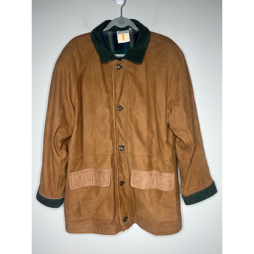 VTG Merit Awards Leather Barn Jacket Plaid Lined Chore Field Coat XL Heritage